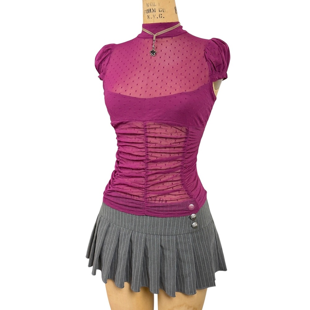 Kimchi Blue Magenta Swiss Dot Mesh Top Puff Sleeve Ruched Coquette Whimsigoth XS
